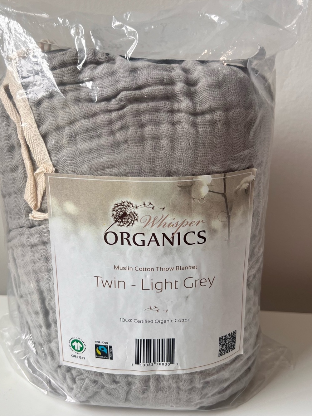 Whisper Organics Organic Muslin Cotton Blanket Twin Light Grey